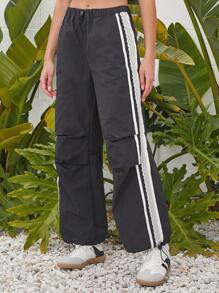 Forever 21 Casual Black Lace Weaved Drawstring Sports Pants, Street Style - Black - View 6