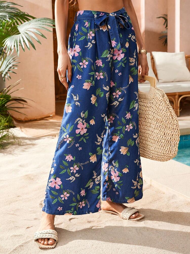 Women's Wide Leg Casual Pants, Beachwear, Summer Clothing, 9/10 Length Pants, Casual Fit, Waist Tie, Denim Effect , Floral Print, Perfect For Country Music Festival And Vacation