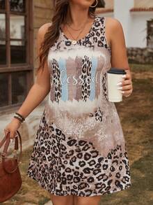 SHEIN LUNE 女性加大尺碼時尚豹紋字母圖案無袖連衣裙 - 彩色 - 查看 6