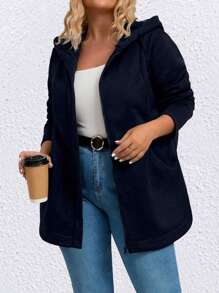 SHEIN LUNE Plus Size Women Solid Color Simple Hooded Zipper Jacket For Daily Wear - Navy Blue - View 3