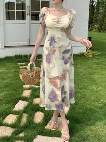 DAZY Women Short Sleeve Floral Printed Dress Sundress Vacation Outfits Women Easter - Green - View 7