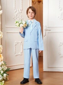 Tween Boy Solid Color Suit Jacket & Pants Gentleman Costume - Baby Blue - View 1