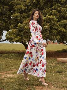 Anewsta Floral Print Waist-Tied Lantern Sleeve Long Dress, Perfect For Vacation - White - View 8