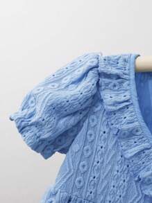 SHEIN Baby Girl Chic Vintage Embroideried Fabric V-Neck Dress With Ruffle Hem & Bowknot Decor For Spring/Summer - Blue - View 5