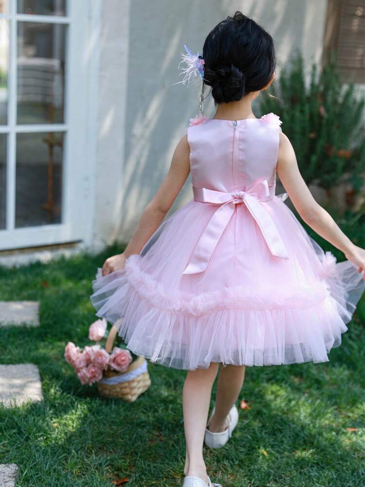Young Girl Summer Sleeveless Mesh Flower Applique Dress, Suitable For Birthday Party, Wedding, Festival