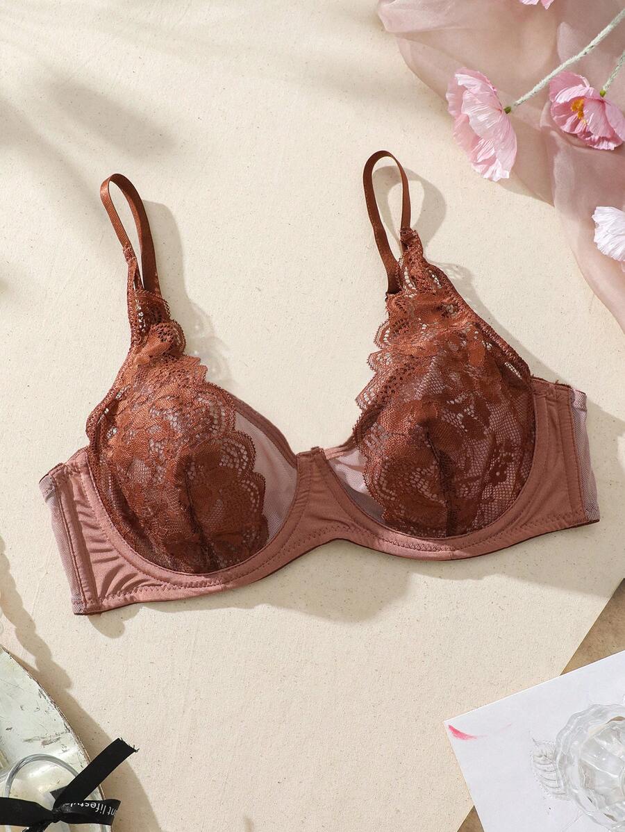 SHEIN Women Contrast Lace Solid Color Underwire Bra - Brown - View 1