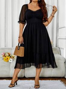 Flirla Plus Size Sweetheart Neck Half Sleeve Chiffon Dress Suitable For Summer - Black - View 3