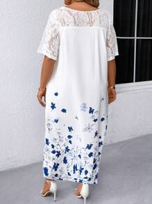 EMERY ROSE Plus Size Women Patchwork Lace Floral Printed Maxi Dress, Summer Outfit - Blue and White - View 2