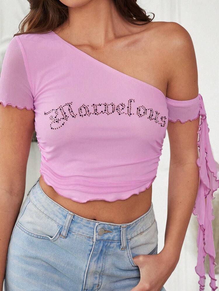 Original Design Y2K Style One-Shoulder Elastic Mesh Top With Frill Trim