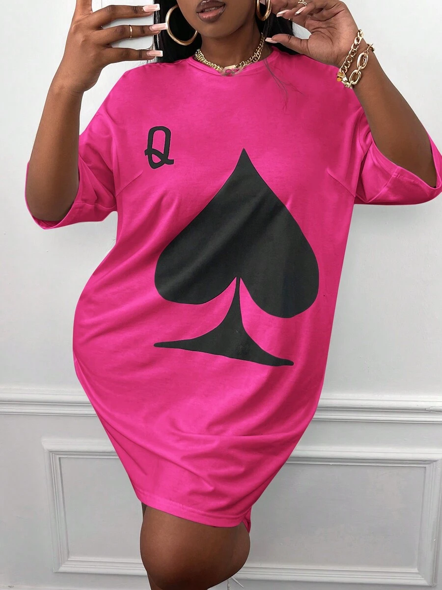 SHEIN CURVE+ 大尺碼圓領落肩連身裙 - 玫紅色 - 查看 1