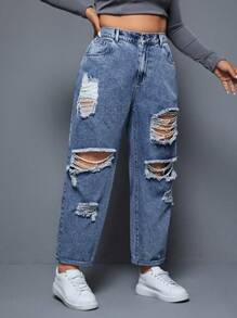 SHEIN ICON Denim ukuran plus Kantong Ripped Zip Plain - Medium Wash - View 6