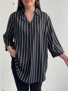 Juhart 大尺碼條紋印花襯衫，翻領商務風格 - 黑與白 - 查看 5