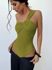 Aloruh Wedding Season Party Elegant Vacation Jacquard Slimming One Shoulder Bodysuit With Twisted Front
