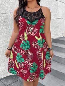 SHEIN LUNE 大尺碼無袖假期休閒對比蕾絲和印花連衣裙，帶拼接 - 酒紅色 - 查看 4