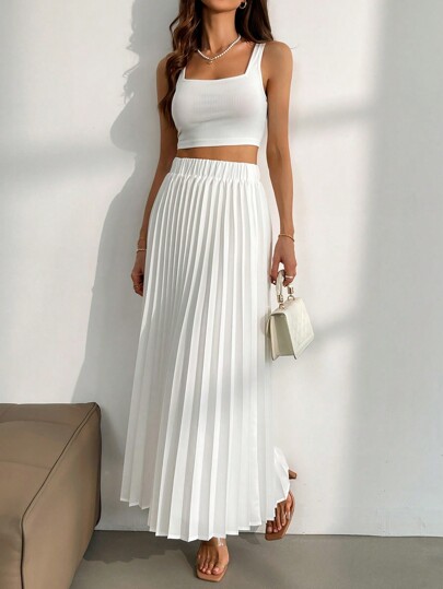 Firerie Women Simple White Tank Top And Pleated Skirt 2-Piece Set