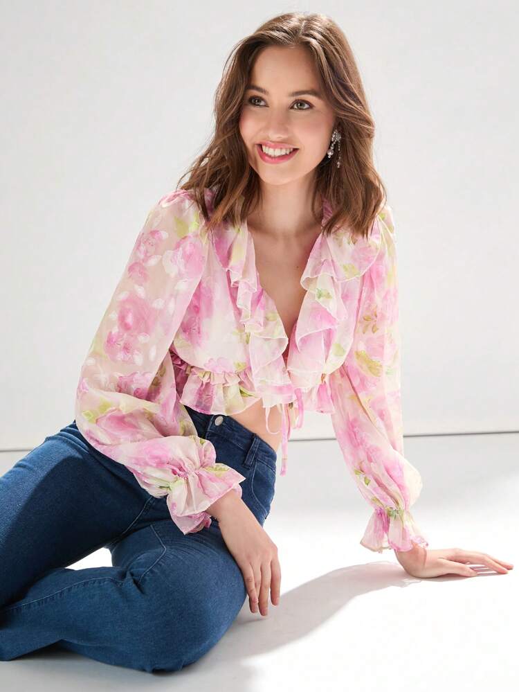 Women Holiday Floral Printed Splice Tie Waist Cropped Top With Ruffled Hem