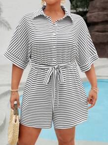 SHEIN LUNE 女士加大尺碼時尚條紋寬鬆連身褲，帶有彈性腰帶 - 白色 - 查看 3