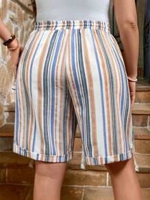 SHEIN LUNE Pantalones cortos de verano de algodón cómodos con cintura alta y estampado de bloques de color para mujer de talla grande