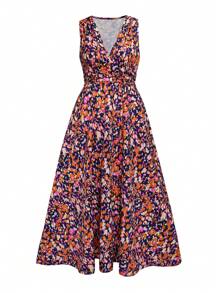 SHEIN LUNE 女性全印花V領花卉夏季無袖連衣裙 - 彩色 - 查看 3