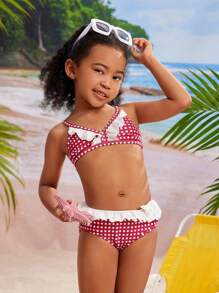 Set bikini alla moda con stampa a quadretti per giovani ragazze, con balze e pantaloncini separati, costume da bagno carino stampato per bambini per l estate e la spiaggia