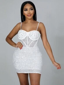 1pc Sleeveless Rhinestone Embellished Sexy Party Dress - White - View 3