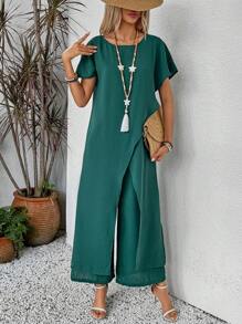 EMERY ROSE Women Round Neck Wrap Overlap Casual Top And Wide Leg Pants Two Pieces Set - Dark Green - View 5