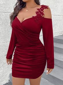 DreamSkyne Plus Size V-Neck Cold Shoulder Solid Color Ruched Slim-Fit Long Sleeve Dress For Spring And Summer Burgundy Color Women Outfit Fall Cloth For Women - Burgundy - View 6