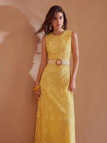 PREMIUM SOLID GUIPURE LACE DRESS WITHOUT BELT - Green - View 8
