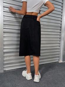 Women's Black Casual Versatile A-Line Button Down Skirt, Spring/Summer, Fit & Flare, Pocket Design, Suitable For Pride, 4th Of July, Teacher Outfits, Vacation Wear