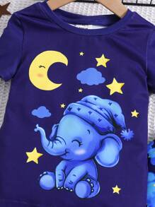 SHEIN 年輕男孩貼身適合可愛卡通圖案短袖上衣和長褲針織舒適休閒睡衣套裝，2件組