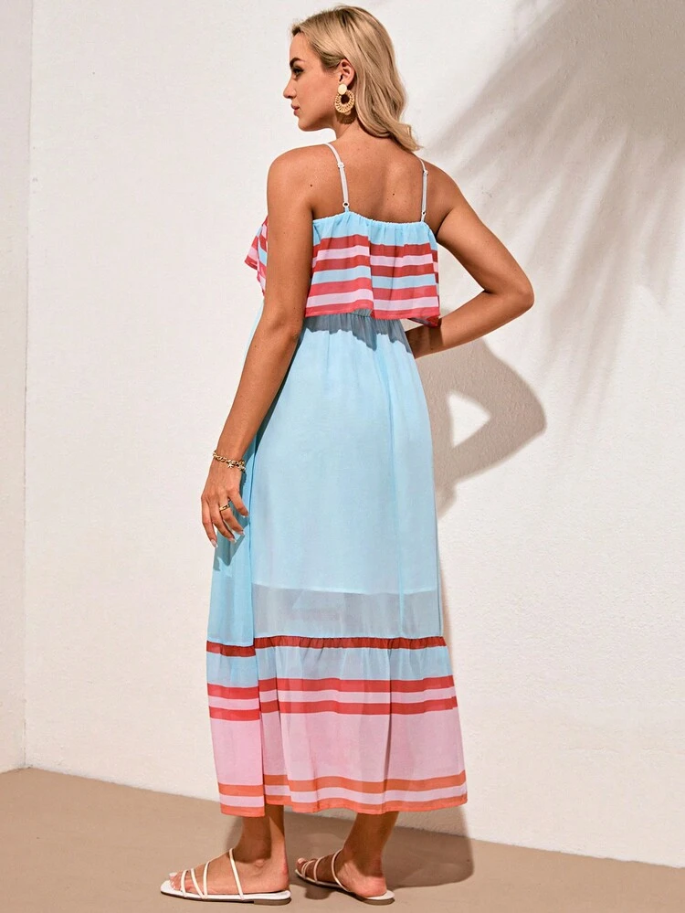 Maternity Island Vacation Adjustable Striped Spaghetti Strap High Waist Dress