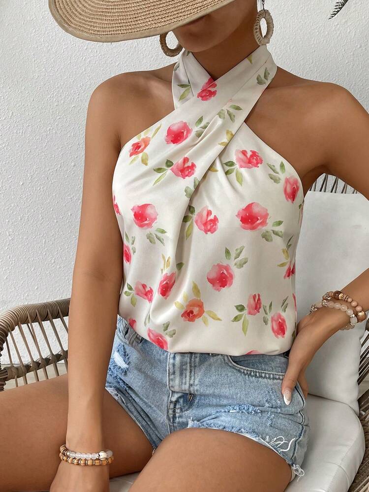 Floral Print Vacation Leisure Halterneck Blouse