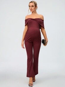 SHEIN Maternity Off-Shoulder Twist Front Flared Jumpsuit With Wide Leg, Perfect For Island Vacation - Blue - View 3