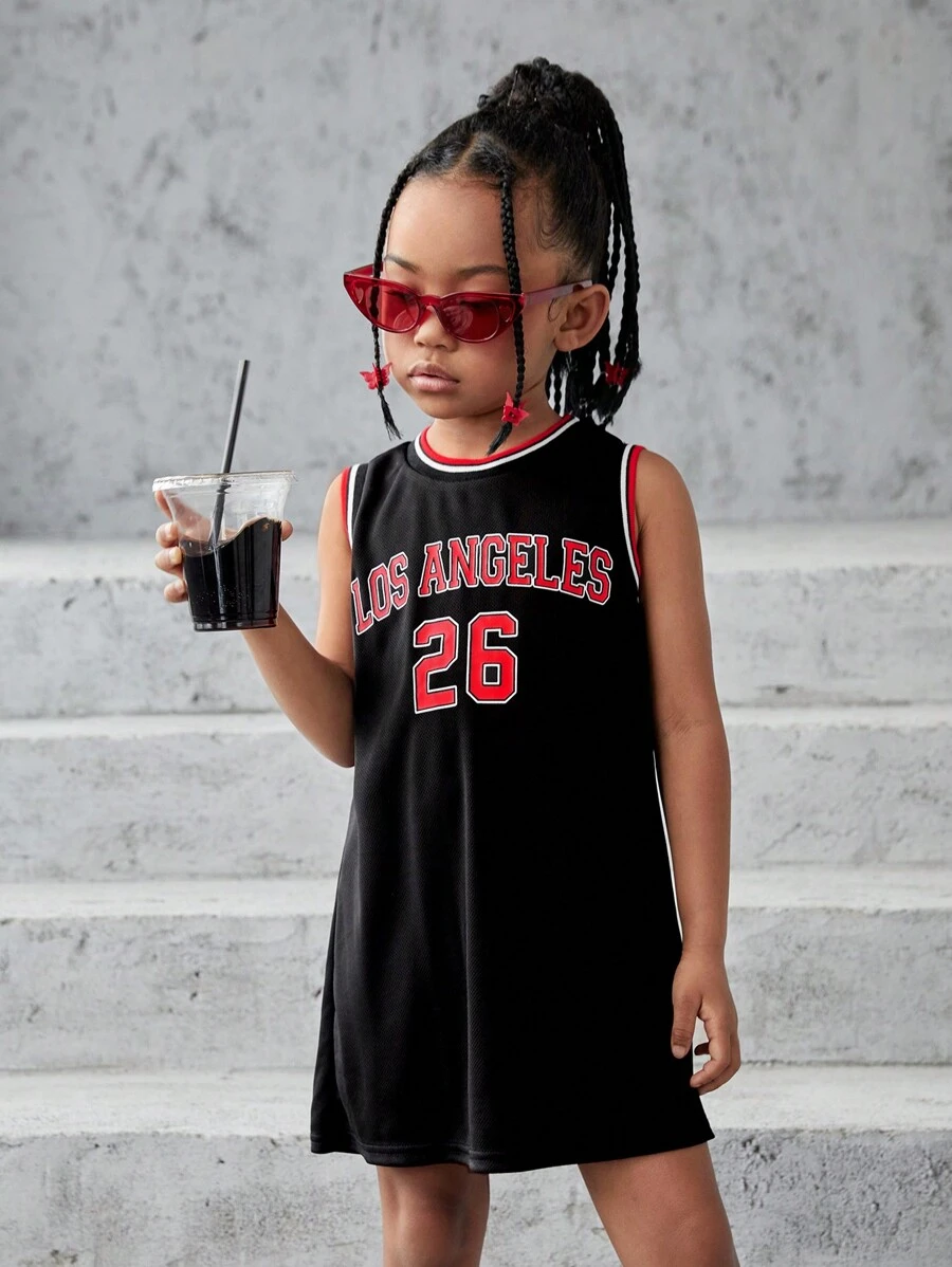 SHEIN 年輕女孩針織純色字母圖案無袖鬆身休閒連衣裙，圓領款式