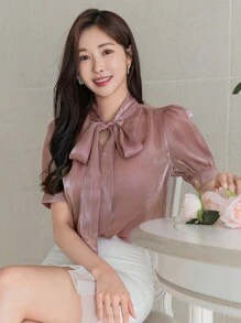 DAZY Áo sơ mi ngắn tay sang trọng có nơ, Hàng mới về - Hồng - Xem 3