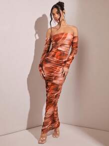 SHEIN BAE Women Printed Pleated Off Shoulder Summer Dress - Multicolor - View 1