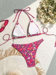 SHEIN Swim 女士度假海滩碎花比基尼套装夏日海滩