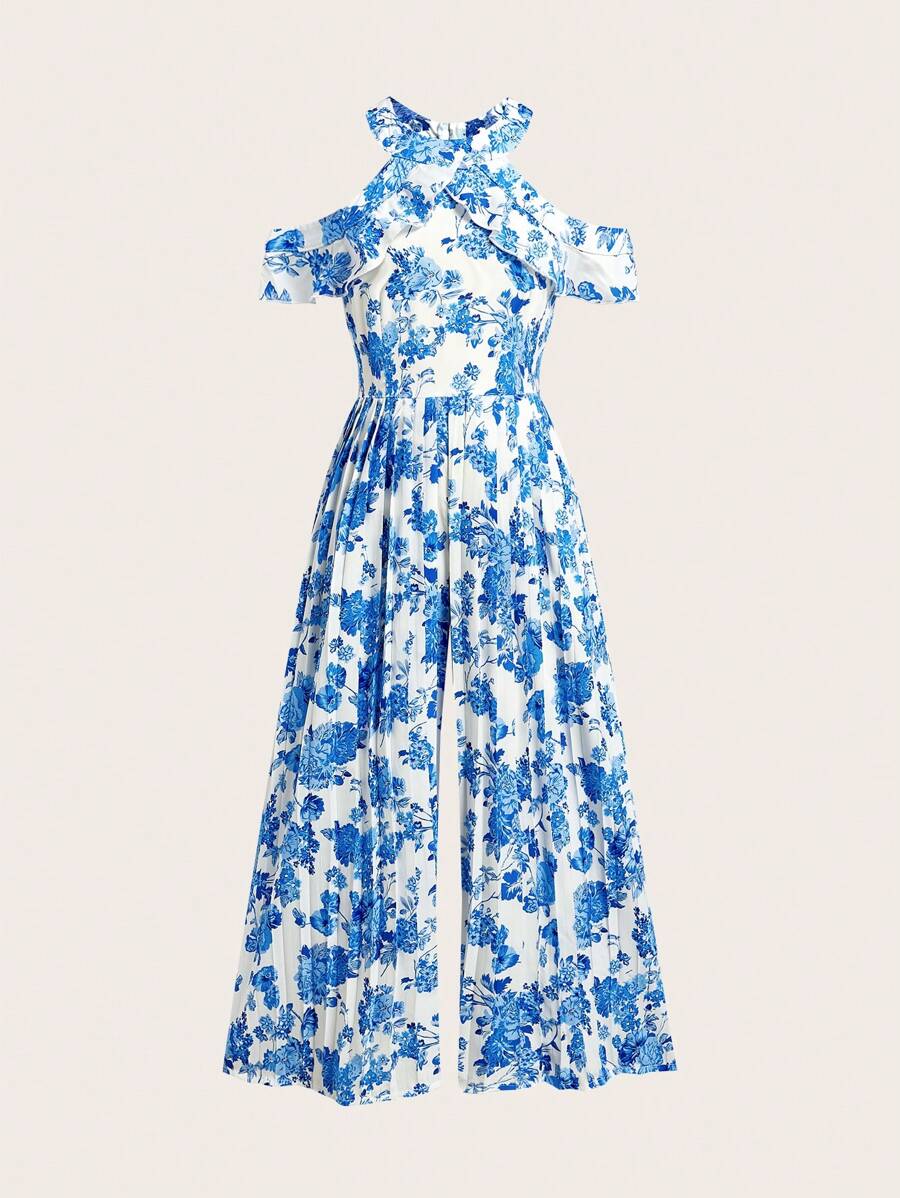 SHEIN Tween Girl Blue And White Floral Pattern Ruffle Trim Cold Shoulder Halter Neck Pleated Jumpsuit - Blue and White - View 1