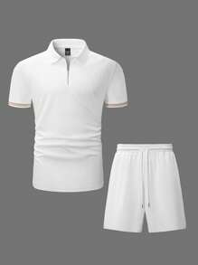 Manfinity Homme Men Plus Size Summer Casual Solid Color Short Sleeve Polo Shirt And Shorts Set - White - View 4