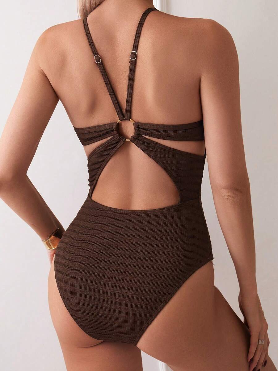 SHEIN Swim 女性夏季海灘固色繃褶設計休閒細肩一件式泳衣洋裝 - 棕色 - 查看 1