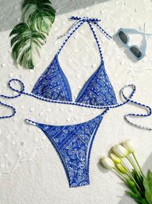 SHEIN Swim Bikini de dos piezas con estampado vintage, traje de baño de vacaciones en la playa para mujeres, verano - Multicolor - Ver 8