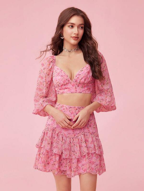 Enchnt Women Romantic Holiday Pink Sweet Floral Print Crop Top With Heart-Shaped Neckline And Lantern Sleeves, And Ruffle Hem Skirt Set Summer Spring,Two Pieces Outfits