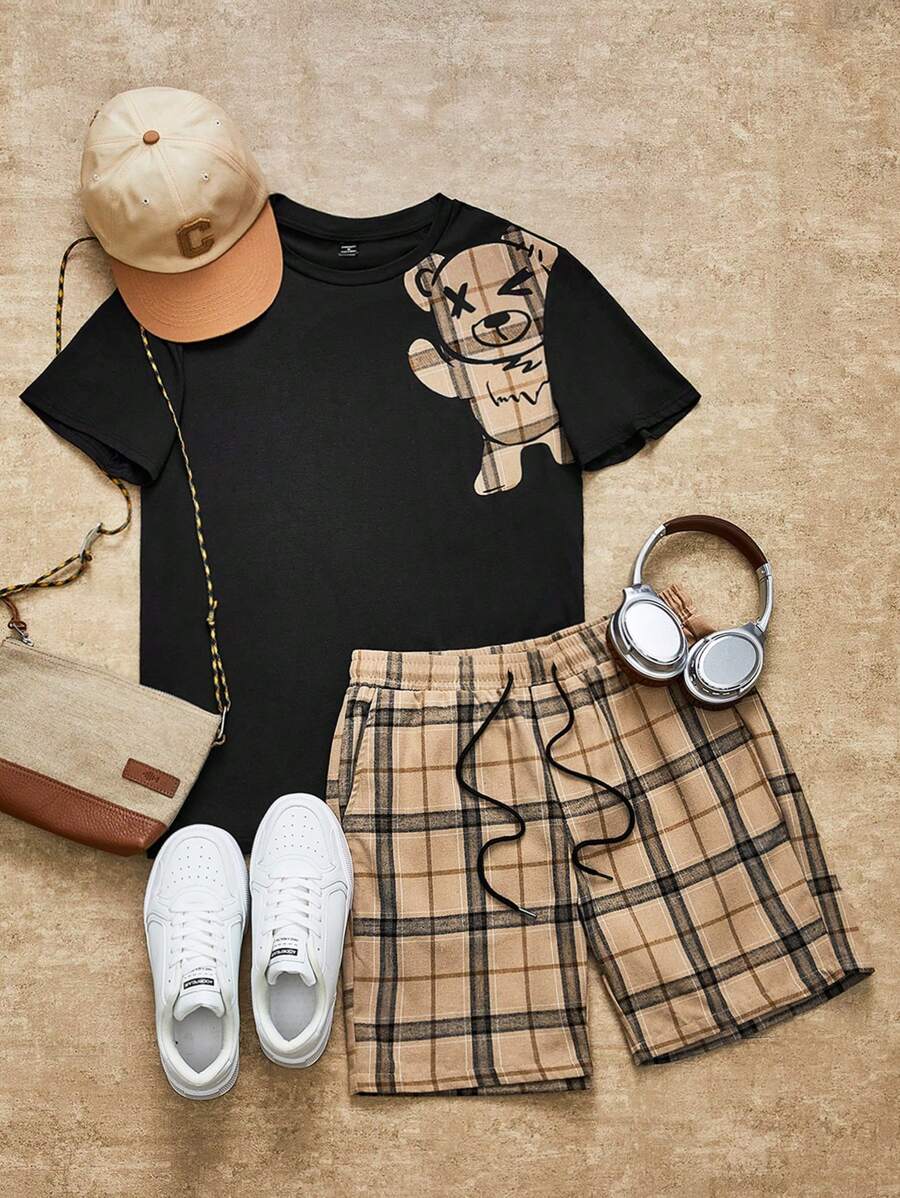 Manfinity VCAY Checkered Bear Pattern Printed T-shirt And Shorts Set - Black - View 1
