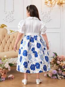 SHEIN Tween Girls Extended Size Floral Print Round Neck Puff Sleeve Mid-Length Dress
