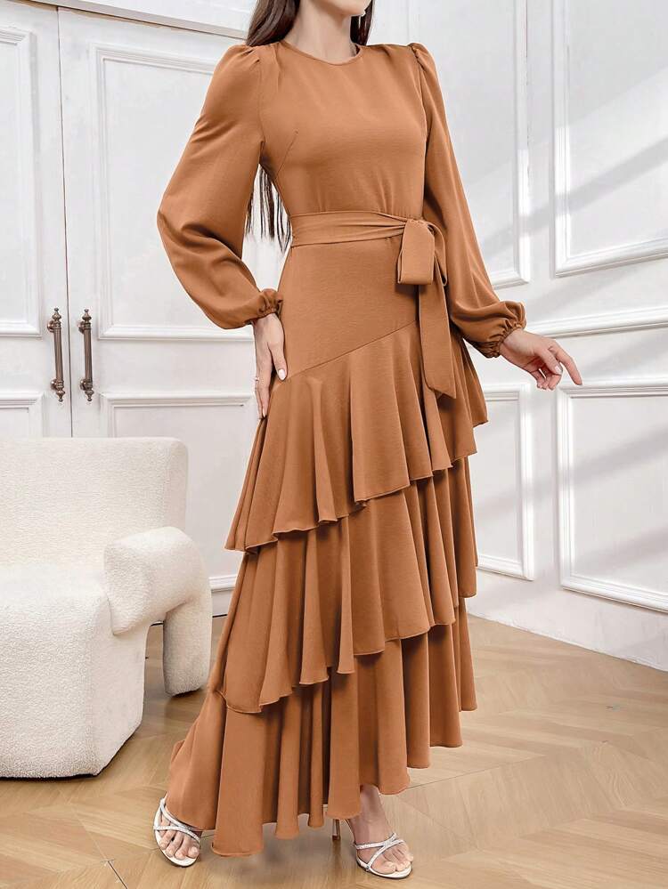 Women's Round Neck Lantern Sleeve Dress With Ruffled Hem