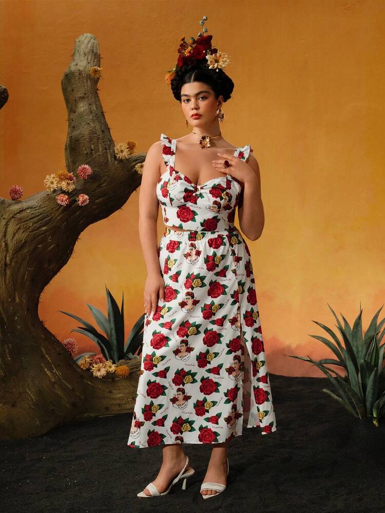 Plus Size Summer Elegant Sexy Artistic Floral Printed Ruched Bust Crop Top And Split Thigh Skit Set