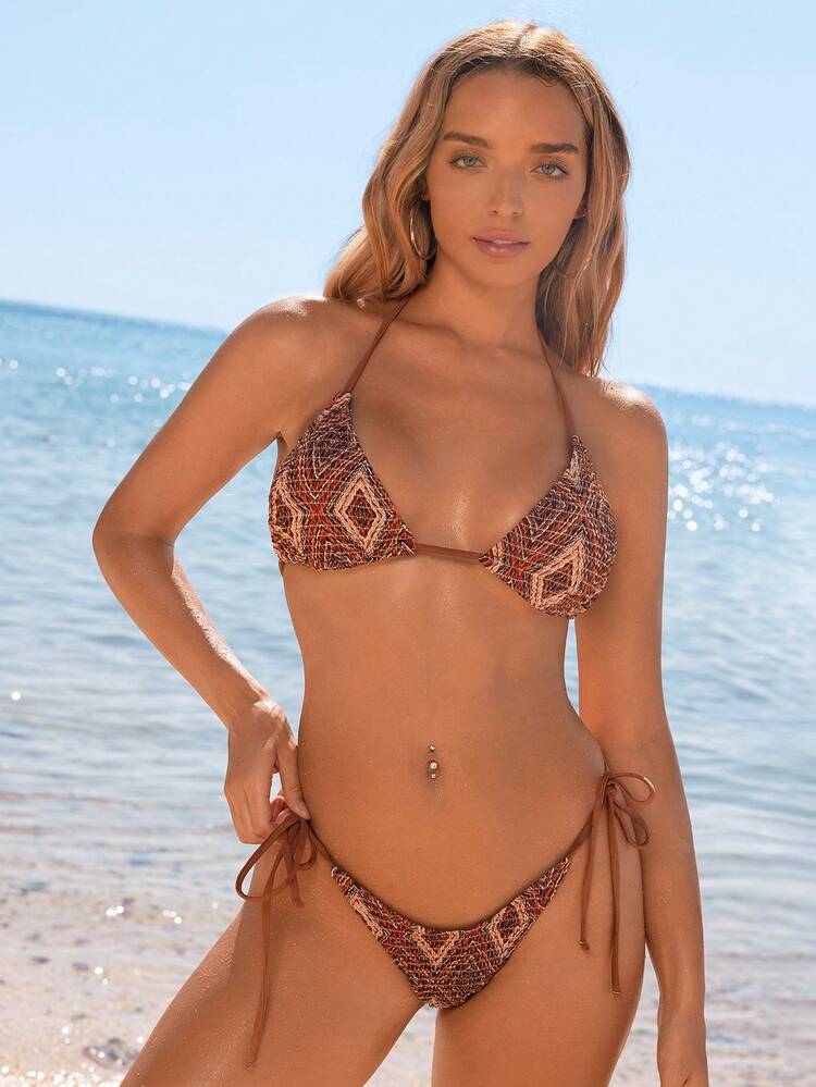 Women Halter Neck Geometric Printed Push-Up Bra & Swim Bottom Bikini Set Bathing Suit For Summer Beach Vacation