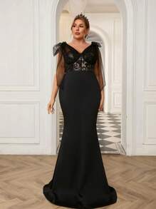 SHEIN Belle Váy dạ hội kiểu đuôi cá đính hạt chắp vá màu đen cỡ lớn với các chi tiết trang nhã, váy dự tiệc cưới bán trang trọng, dự tiệc sinh nhật, tốt nghiệp, dạ hội - màu đen - Xem 7