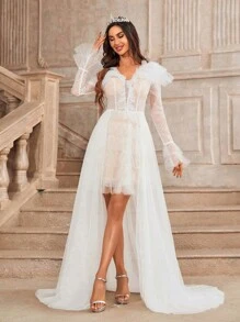 SHEIN Belle Elegancka krótka suknia ślubna z głębokim dekoltem w kształcie litery V, z długim rękawem i odpinanym trenem - Biały - Zobacz 5