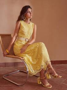PREMIUM SOLID GUIPURE LACE DRESS WITHOUT BELT - Green - View 9